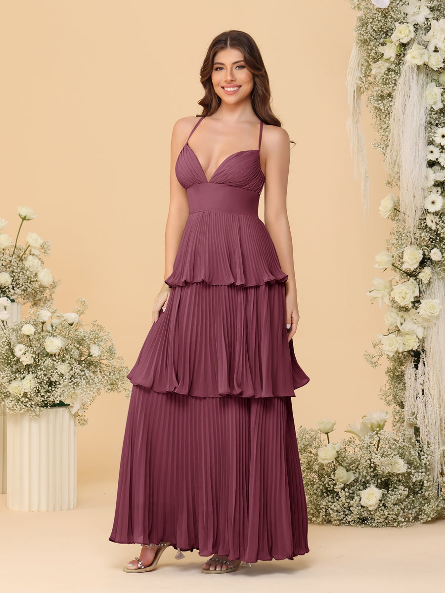 A-Line/Princess Spaghetti Straps Sleeveless Floor-Length Tiered Bridesmaid Dresses With Pleats Mulberry