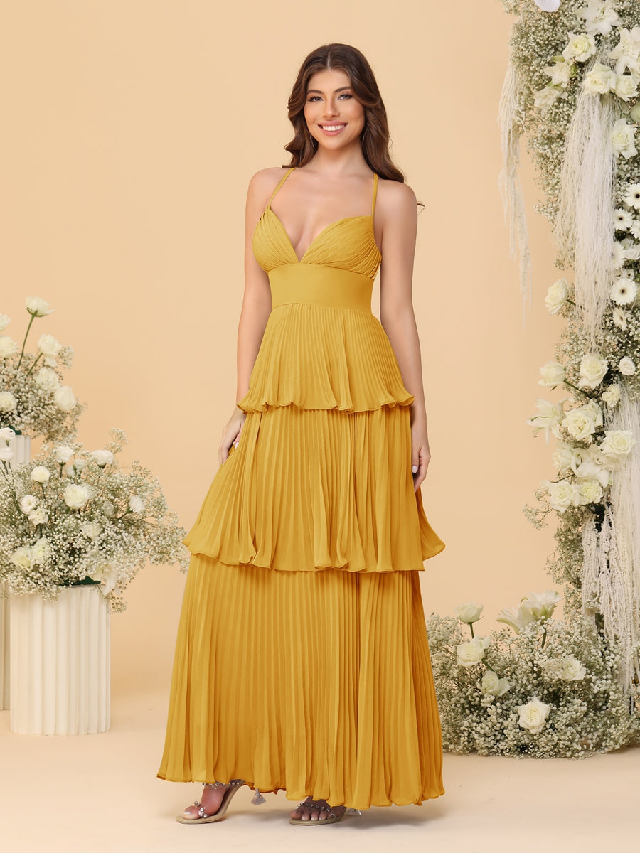 A-Line/Princess Spaghetti Straps Sleeveless Floor-Length Tiered Bridesmaid Dresses With Pleats Mustard Yellow
