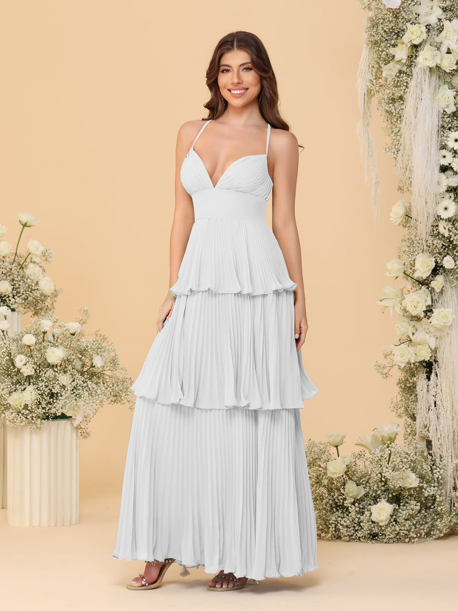 A-Line/Princess Spaghetti Straps Sleeveless Floor-Length Tiered Bridesmaid Dresses With Pleats Off White