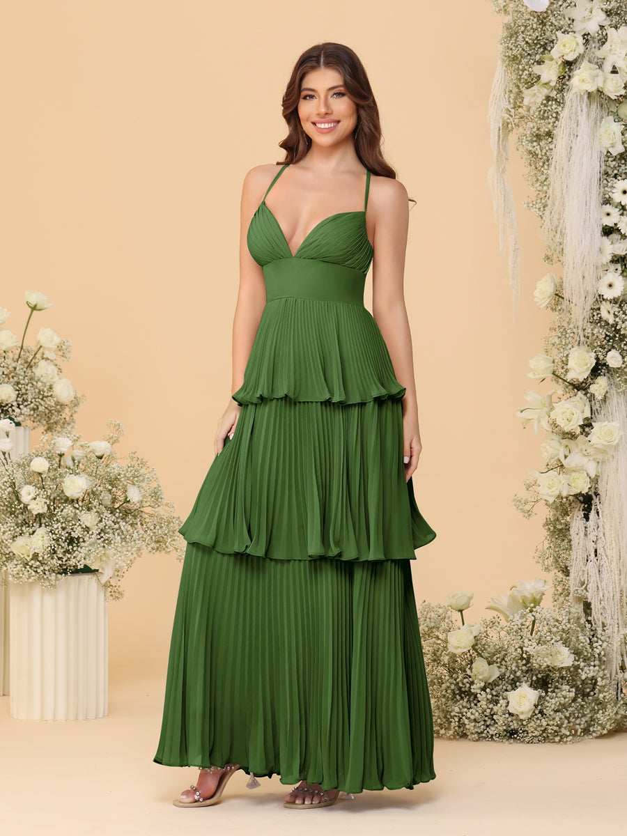 A-Line/Princess Spaghetti Straps Sleeveless Floor-Length Tiered Bridesmaid Dresses With Pleats Olive Green