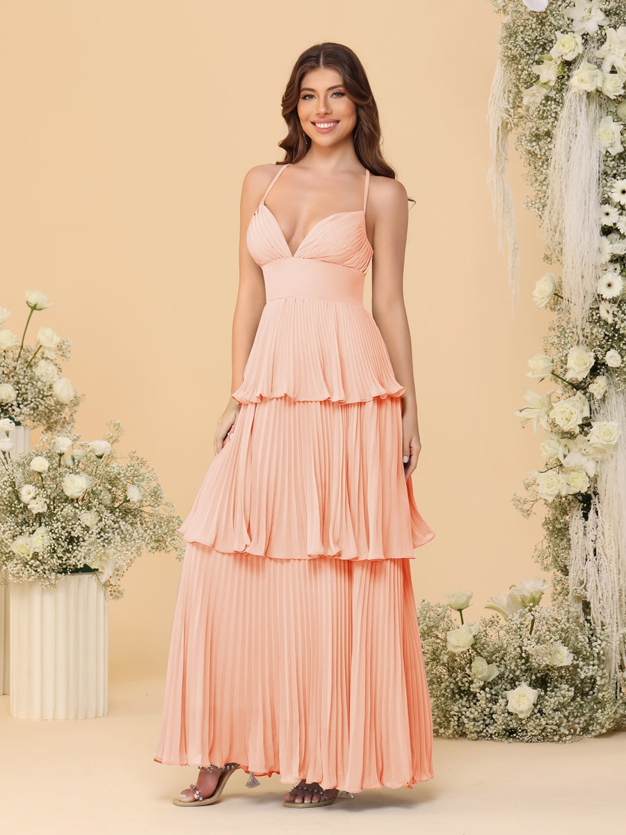 A-Line/Princess Spaghetti Straps Sleeveless Floor-Length Tiered Bridesmaid Dresses With Pleats Peach Pink