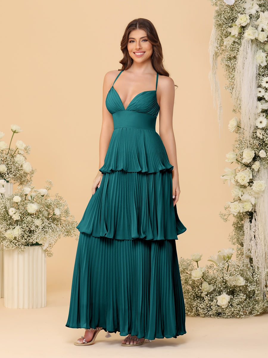 A-Line/Princess Spaghetti Straps Sleeveless Floor-Length Tiered Bridesmaid Dresses With Pleats Peacock