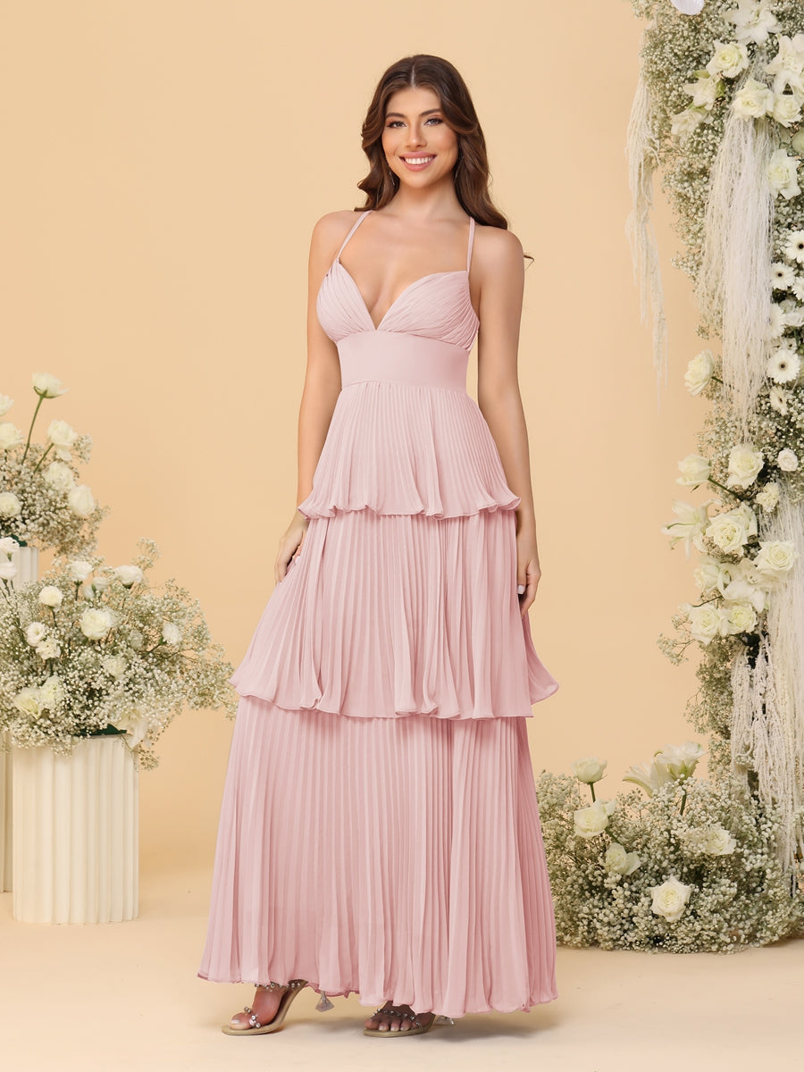 A-Line/Princess Spaghetti Straps Sleeveless Floor-Length Tiered Bridesmaid Dresses With Pleats Pearl Pink