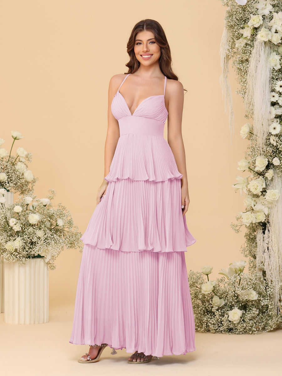 A-Line/Princess Spaghetti Straps Sleeveless Floor-Length Tiered Bridesmaid Dresses With Pleats Pink