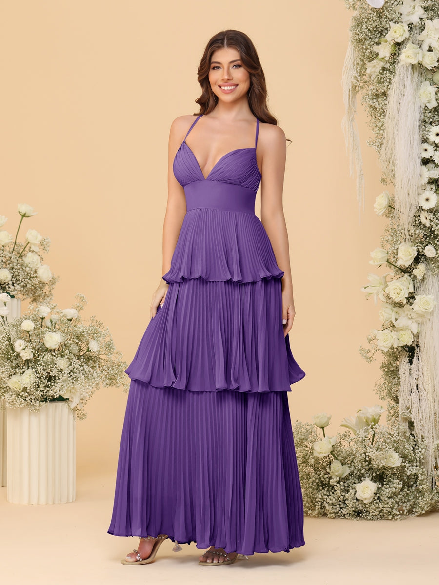 A-Line/Princess Spaghetti Straps Sleeveless Floor-Length Tiered Bridesmaid Dresses With Pleats Purple
