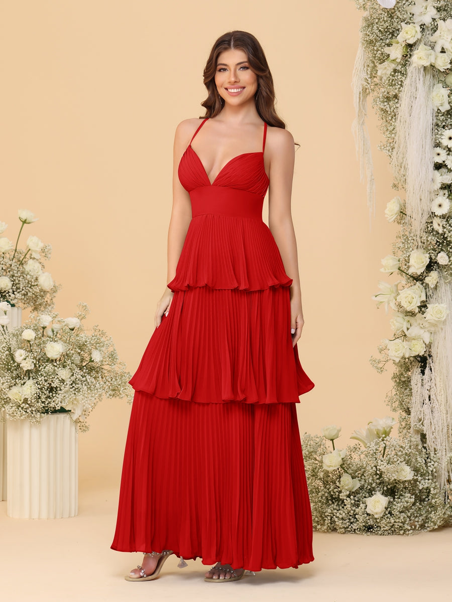 A-Line/Princess Spaghetti Straps Sleeveless Floor-Length Tiered Bridesmaid Dresses With Pleats Red