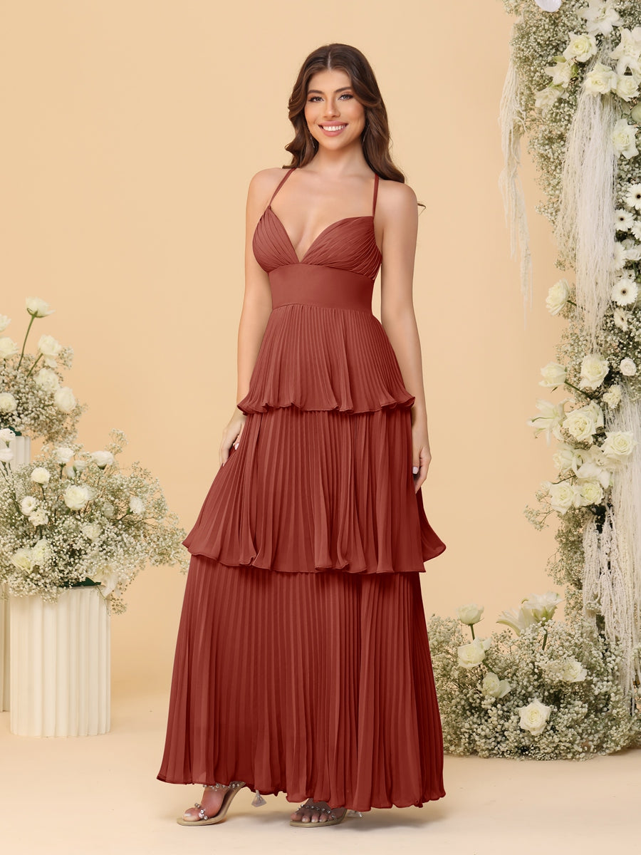 A-Line/Princess Spaghetti Straps Sleeveless Floor-Length Tiered Bridesmaid Dresses With Pleats Rust
