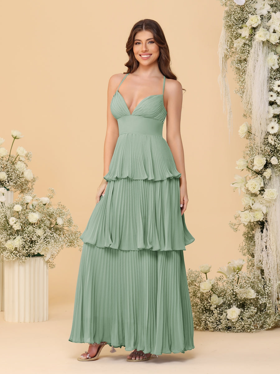 A-Line/Princess Spaghetti Straps Sleeveless Floor-Length Tiered Bridesmaid Dresses With Pleats Sage