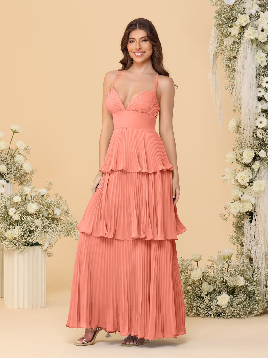 A-Line/Princess Spaghetti Straps Sleeveless Floor-Length Tiered Bridesmaid Dresses With Pleats Salmon
