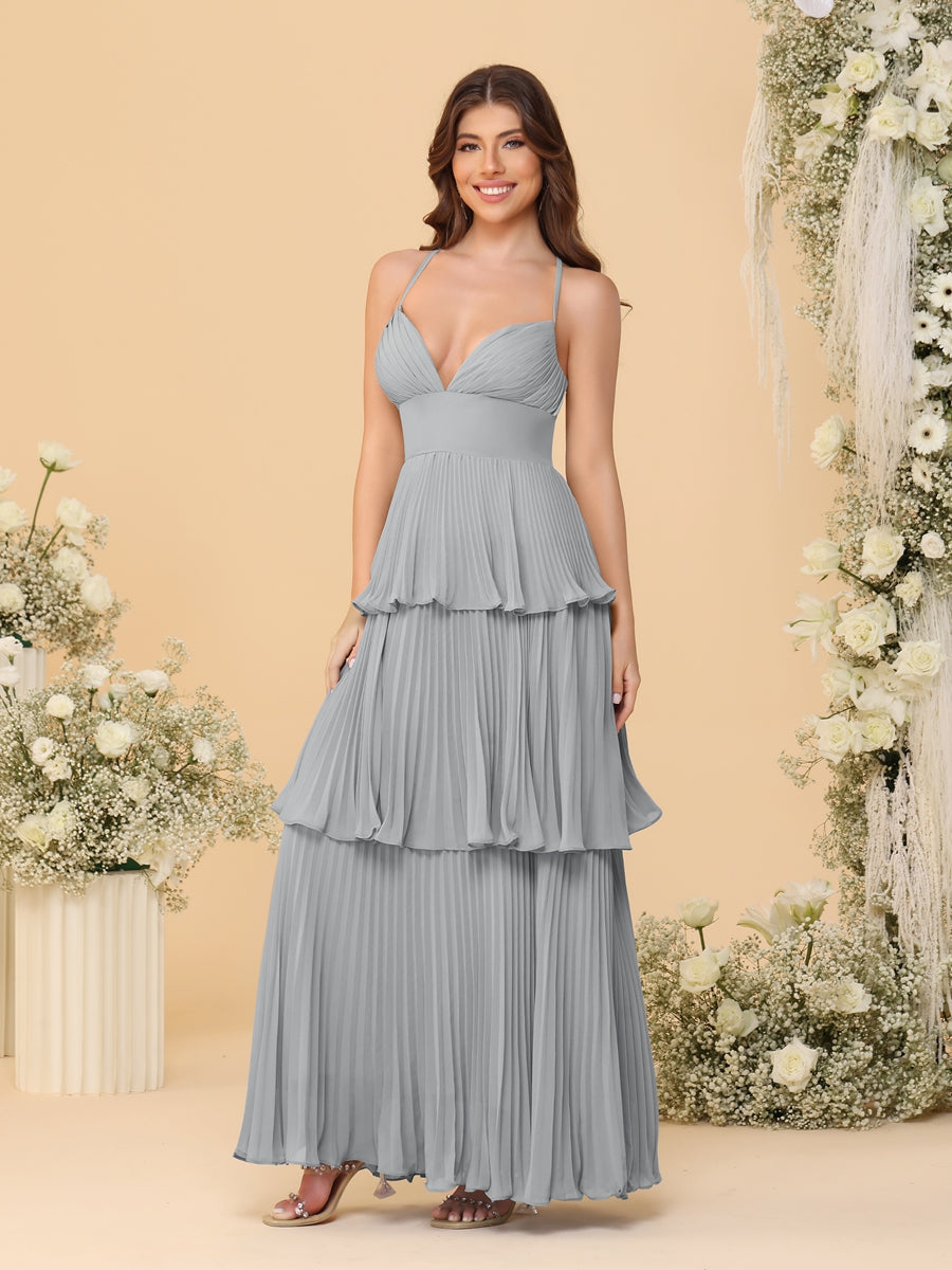 A-Line/Princess Spaghetti Straps Sleeveless Floor-Length Tiered Bridesmaid Dresses With Pleats Silver