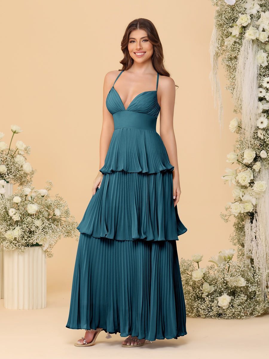 A-Line/Princess Spaghetti Straps Sleeveless Floor-Length Tiered Bridesmaid Dresses With Pleats Teal