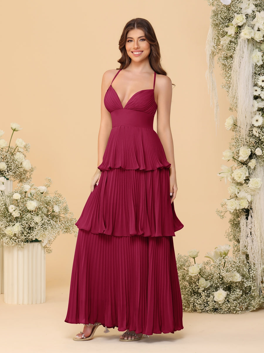 A-Line/Princess Spaghetti Straps Sleeveless Floor-Length Tiered Bridesmaid Dresses With Pleats Wine Red