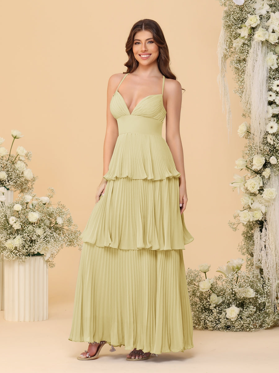 A-Line/Princess Spaghetti Straps Sleeveless Floor-Length Tiered Bridesmaid Dresses With Pleats Yellow
