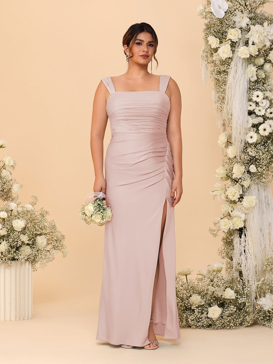 Sheath/Column Square Neck Sleeveless Floor-Length Ruched Plus Size Bridesmaid Dresses With Side Slit Blush Pink