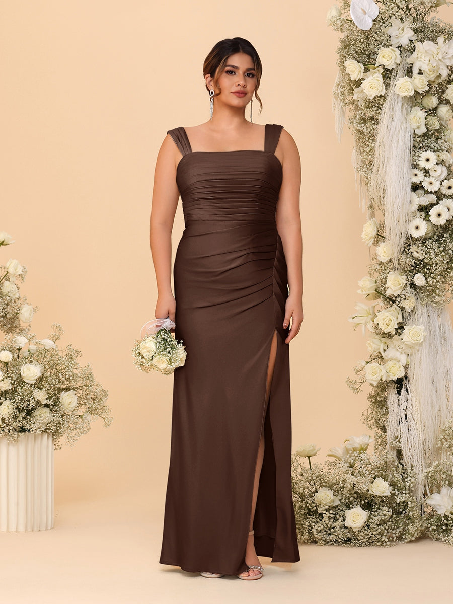 Sheath/Column Square Neck Sleeveless Floor-Length Ruched Plus Size Bridesmaid Dresses With Side Slit Brown