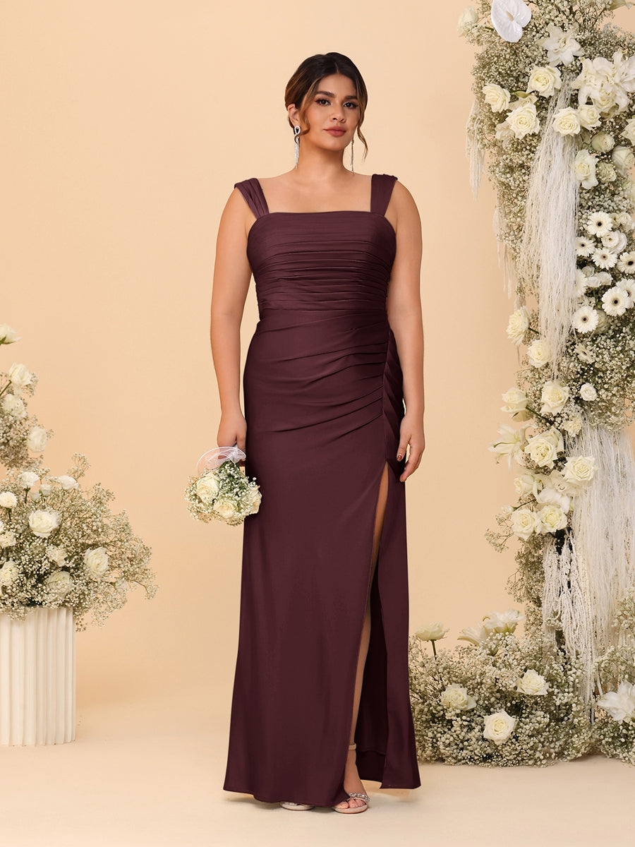 Sheath/Column Square Neck Sleeveless Floor-Length Ruched Plus Size Bridesmaid Dresses With Side Slit Burgundy