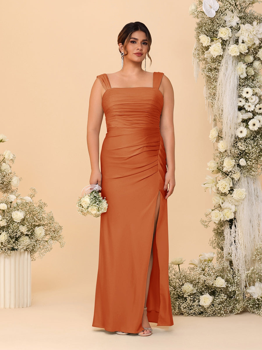 Sheath/Column Square Neck Sleeveless Floor-Length Ruched Plus Size Bridesmaid Dresses With Side Slit Burnt Orange