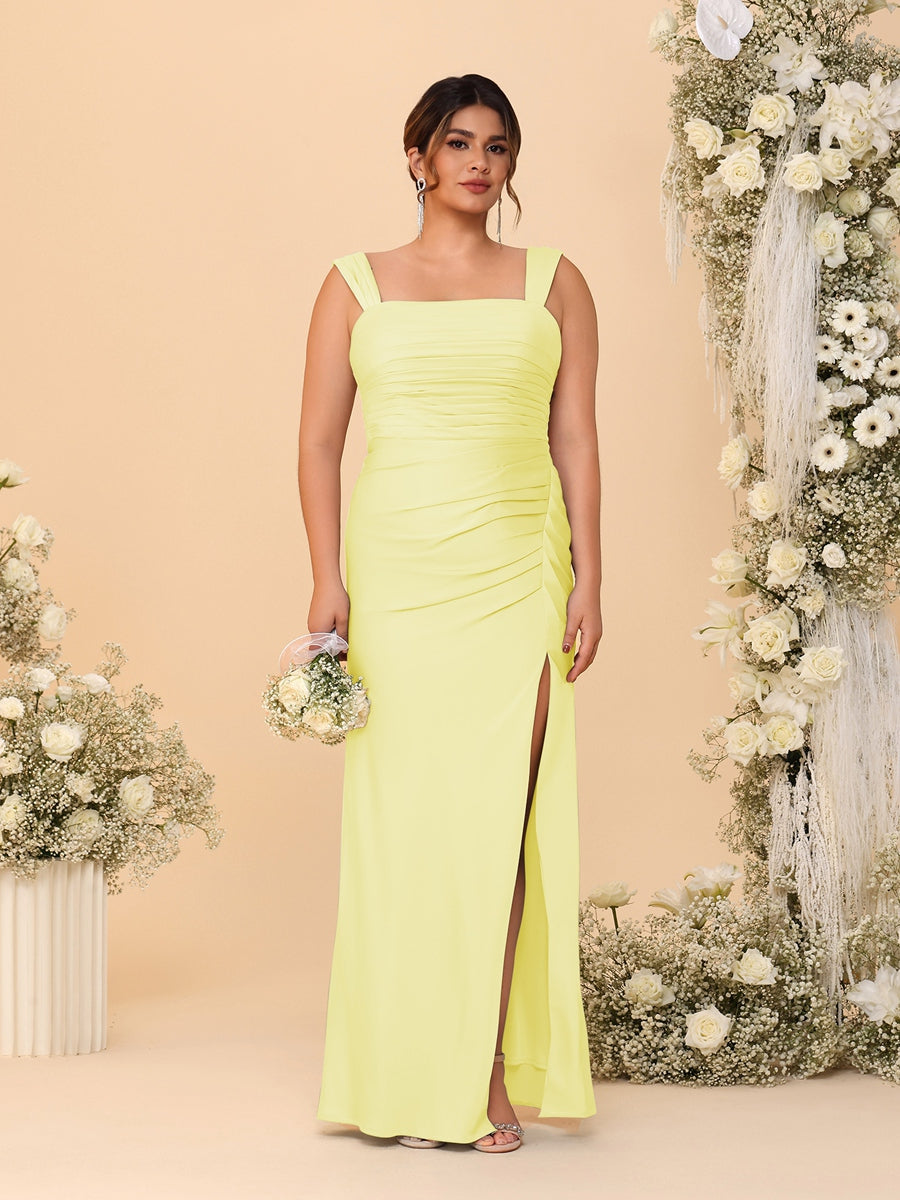Sheath/Column Square Neck Sleeveless Floor-Length Ruched Plus Size Bridesmaid Dresses With Side Slit Canary