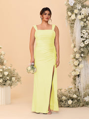 Sheath/Column Square Neck Sleeveless Floor-Length Ruched Plus Size Bridesmaid Dresses With Side Slit Canary
