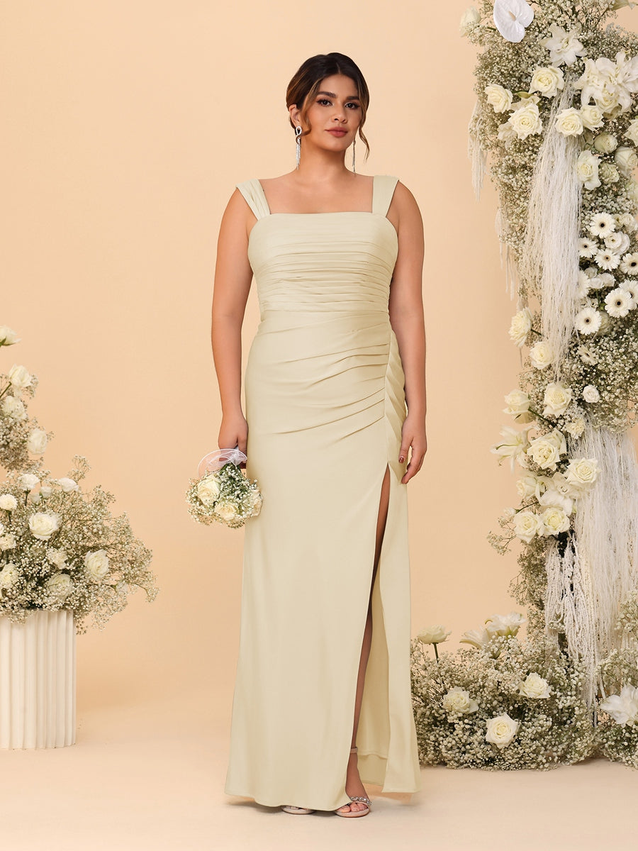 Sheath/Column Square Neck Sleeveless Floor-Length Ruched Plus Size Bridesmaid Dresses With Side Slit Champagne