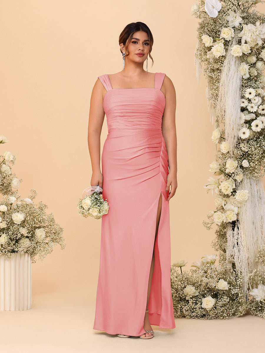 Sheath/Column Square Neck Sleeveless Floor-Length Ruched Plus Size Bridesmaid Dresses With Side Slit Coral