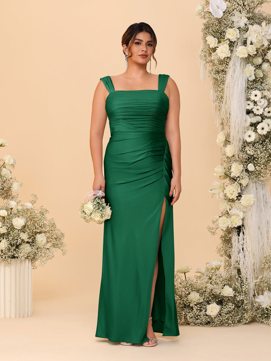 Sheath/Column Square Neck Sleeveless Floor-Length Ruched Plus Size Bridesmaid Dresses With Side Slit Dark Green