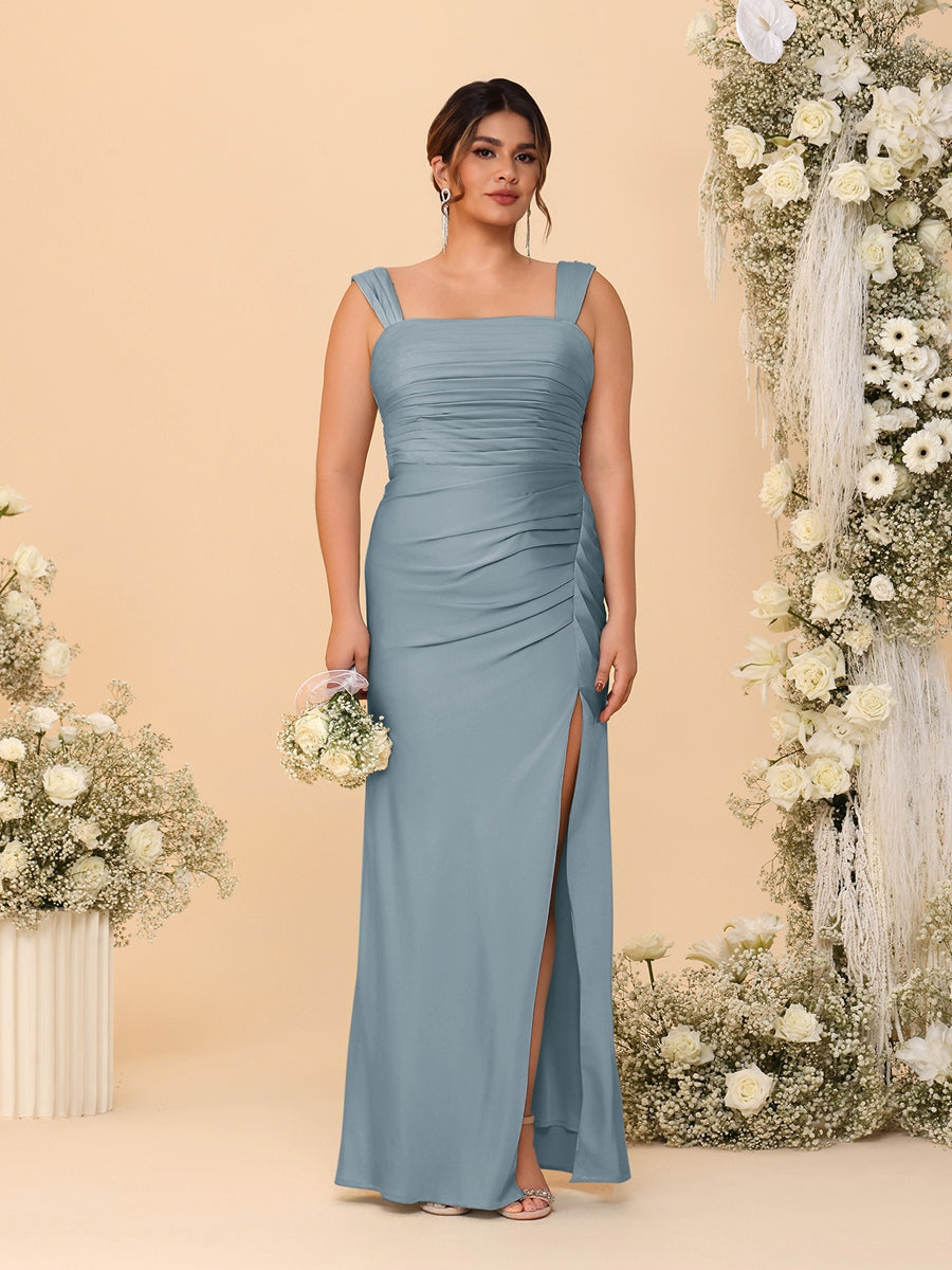 Sheath/Column Square Neck Sleeveless Floor-Length Ruched Plus Size Bridesmaid Dresses With Side Slit Dusty Blue