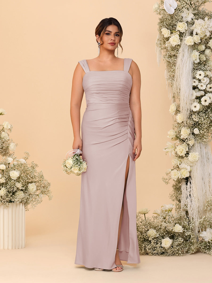Sheath/Column Square Neck Sleeveless Floor-Length Ruched Plus Size Bridesmaid Dresses With Side Slit Dusty Pink