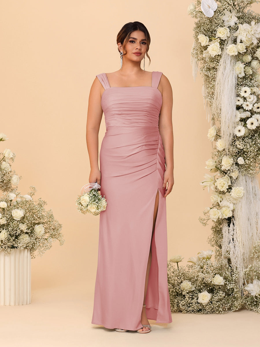 Sheath/Column Square Neck Sleeveless Floor-Length Ruched Plus Size Bridesmaid Dresses With Side Slit Dusty Rose