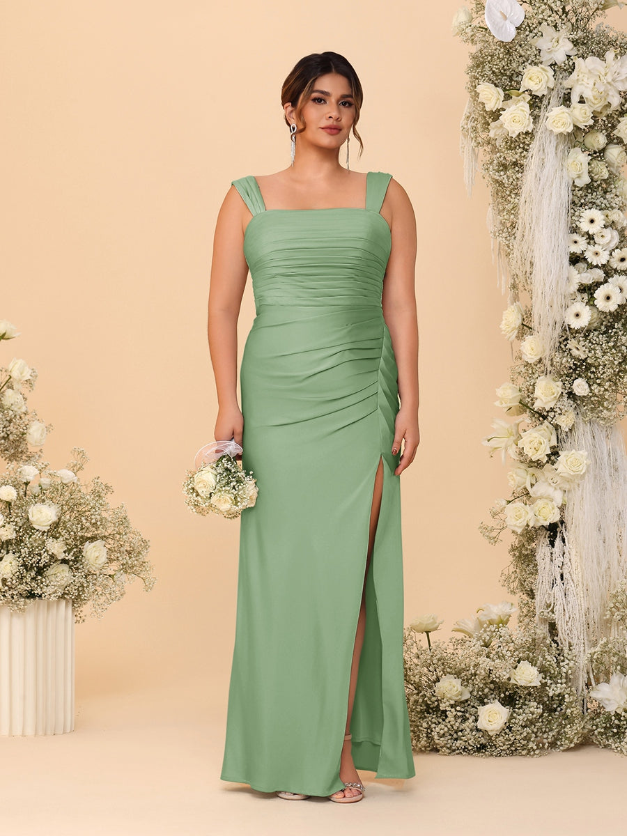 Sheath/Column Square Neck Sleeveless Floor-Length Ruched Plus Size Bridesmaid Dresses With Side Slit Dusty Sage