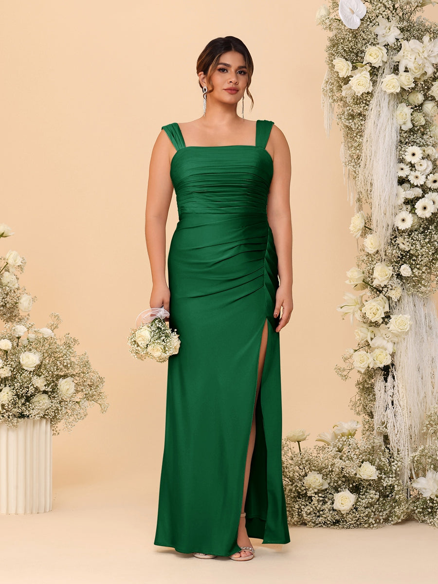 Sheath/Column Square Neck Sleeveless Floor-Length Ruched Plus Size Bridesmaid Dresses With Side Slit Emerald