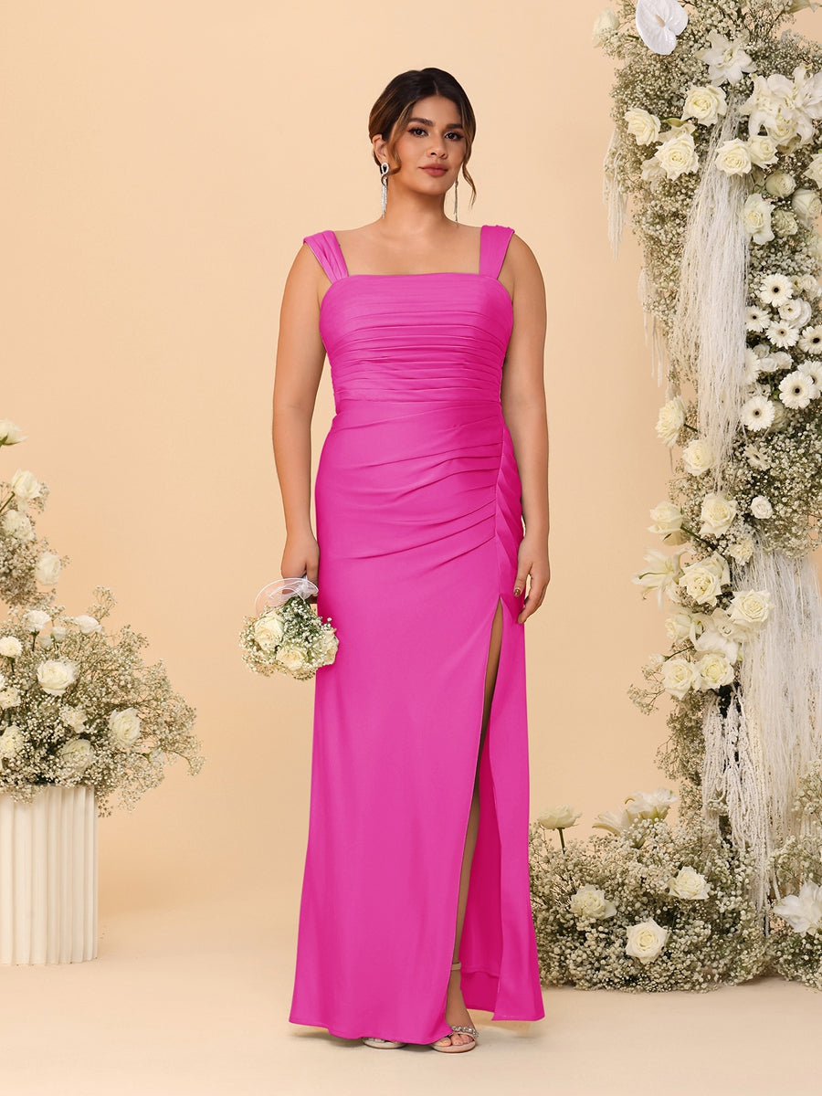 Sheath/Column Square Neck Sleeveless Floor-Length Ruched Plus Size Bridesmaid Dresses With Side Slit Fuchsia