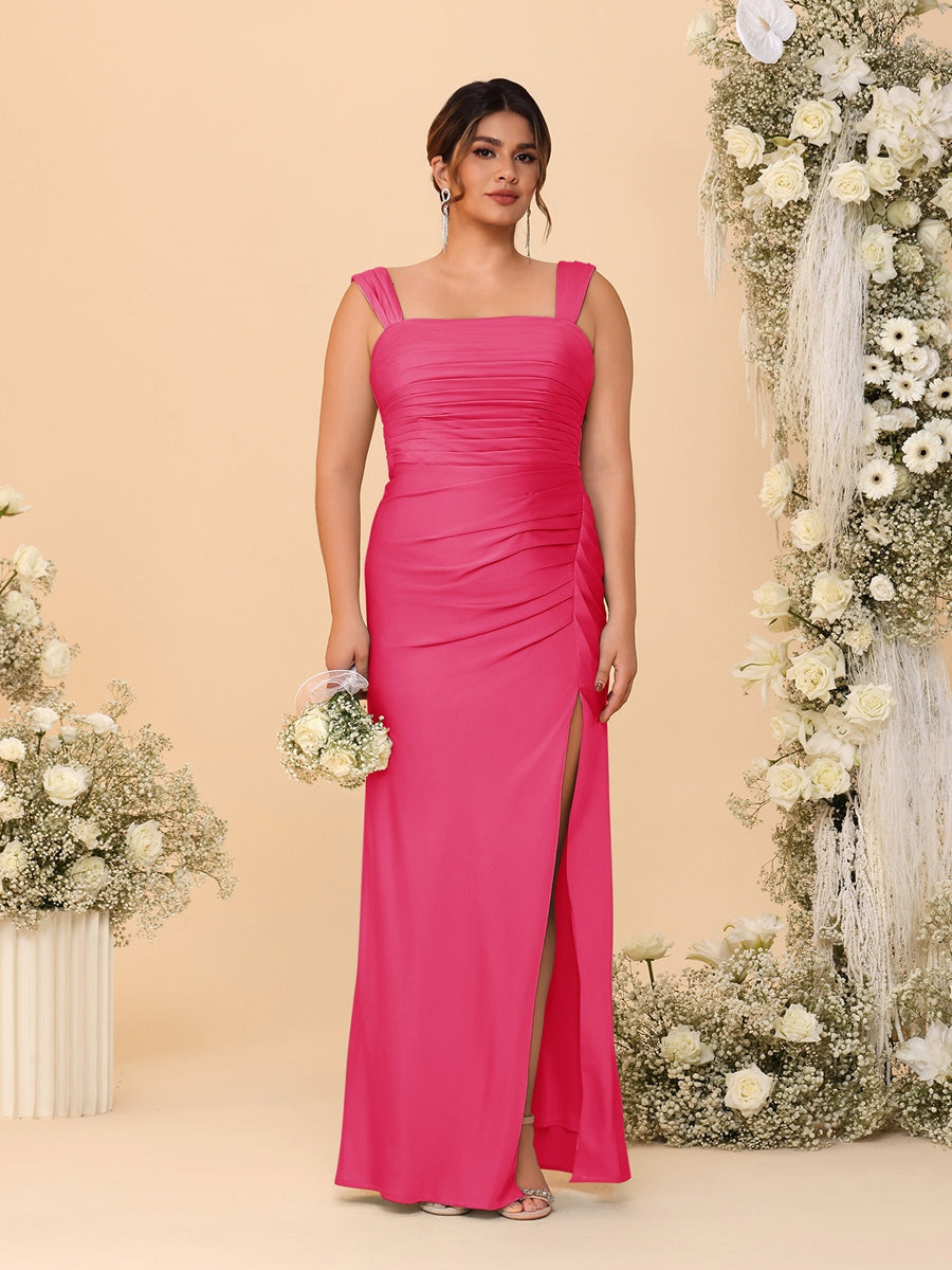 Sheath/Column Square Neck Sleeveless Floor-Length Ruched Plus Size Bridesmaid Dresses With Side Slit Fuchsia Pink