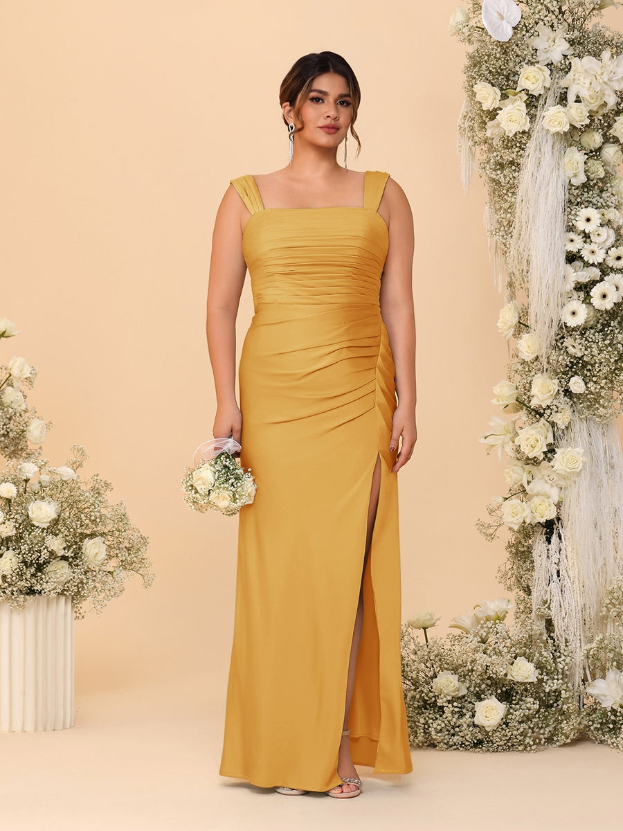 Sheath/Column Square Neck Sleeveless Floor-Length Ruched Plus Size Bridesmaid Dresses With Side Slit Gold