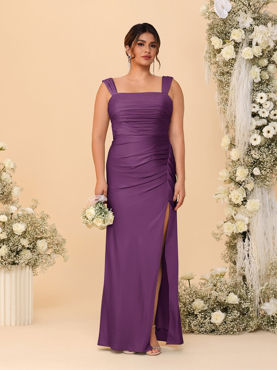 Sheath/Column Square Neck Sleeveless Floor-Length Ruched Plus Size Bridesmaid Dresses With Side Slit Grape