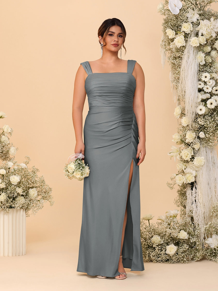 Sheath/Column Square Neck Sleeveless Floor-Length Ruched Plus Size Bridesmaid Dresses With Side Slit Gray