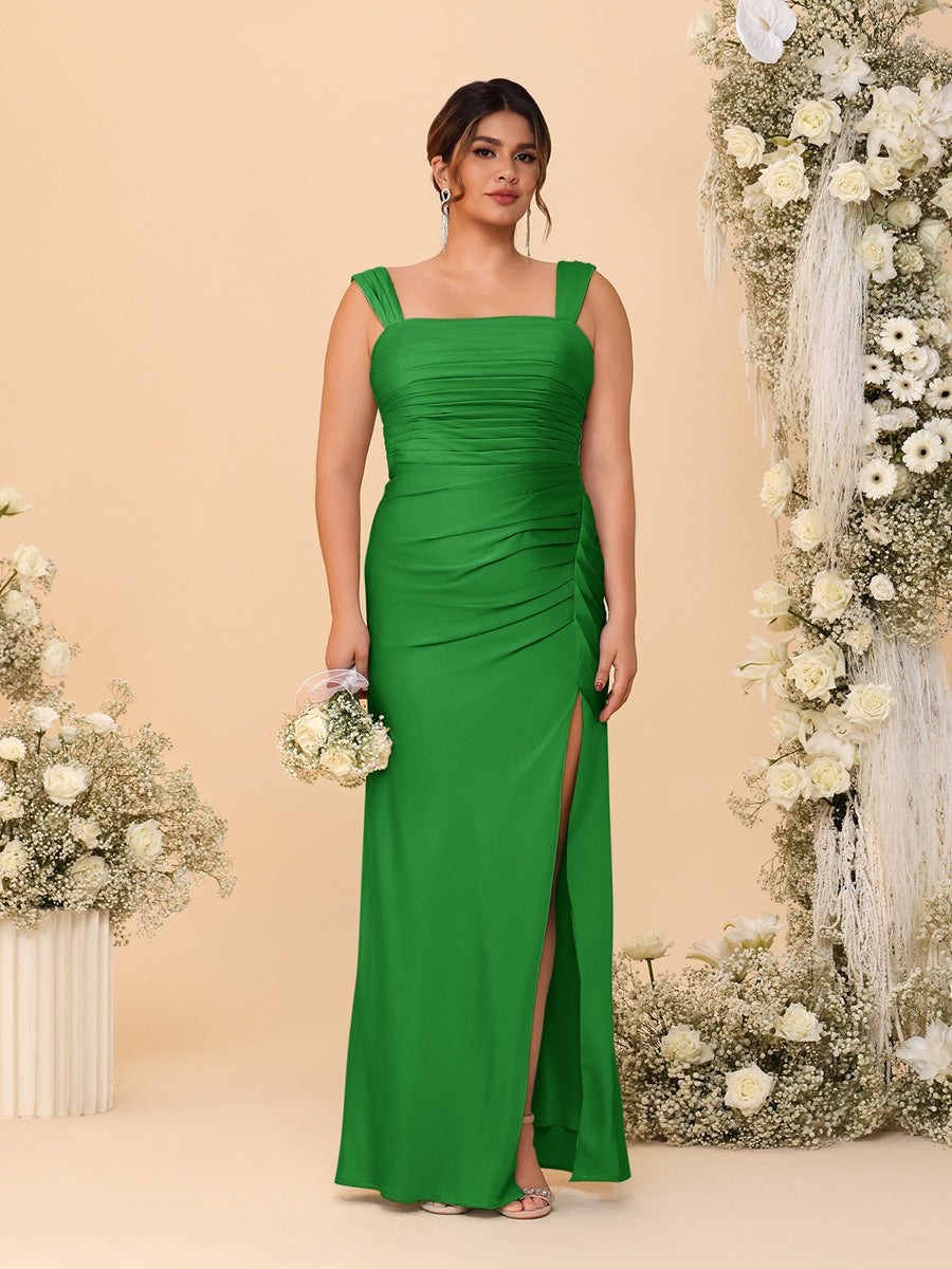 Sheath/Column Square Neck Sleeveless Floor-Length Ruched Plus Size Bridesmaid Dresses With Side Slit Green