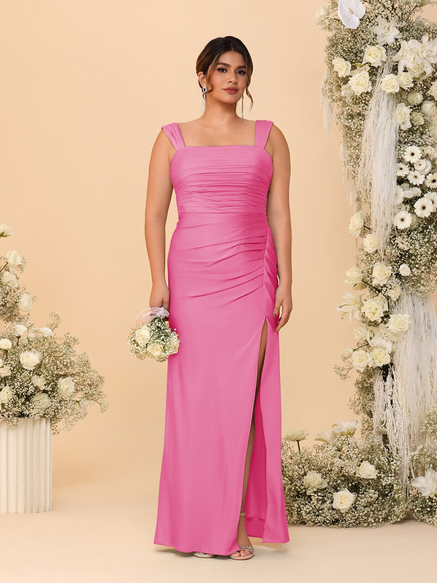 Sheath/Column Square Neck Sleeveless Floor-Length Ruched Plus Size Bridesmaid Dresses With Side Slit Hot Pink