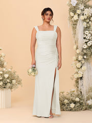 Sheath/Column Square Neck Sleeveless Floor-Length Ruched Plus Size Bridesmaid Dresses With Side Slit Ivory