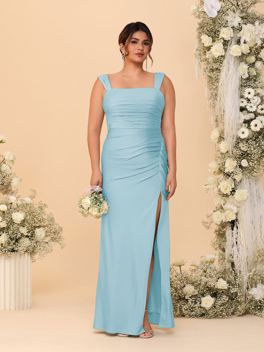 Sheath/Column Square Neck Sleeveless Floor-Length Ruched Plus Size Bridesmaid Dresses With Side Slit Light Blue