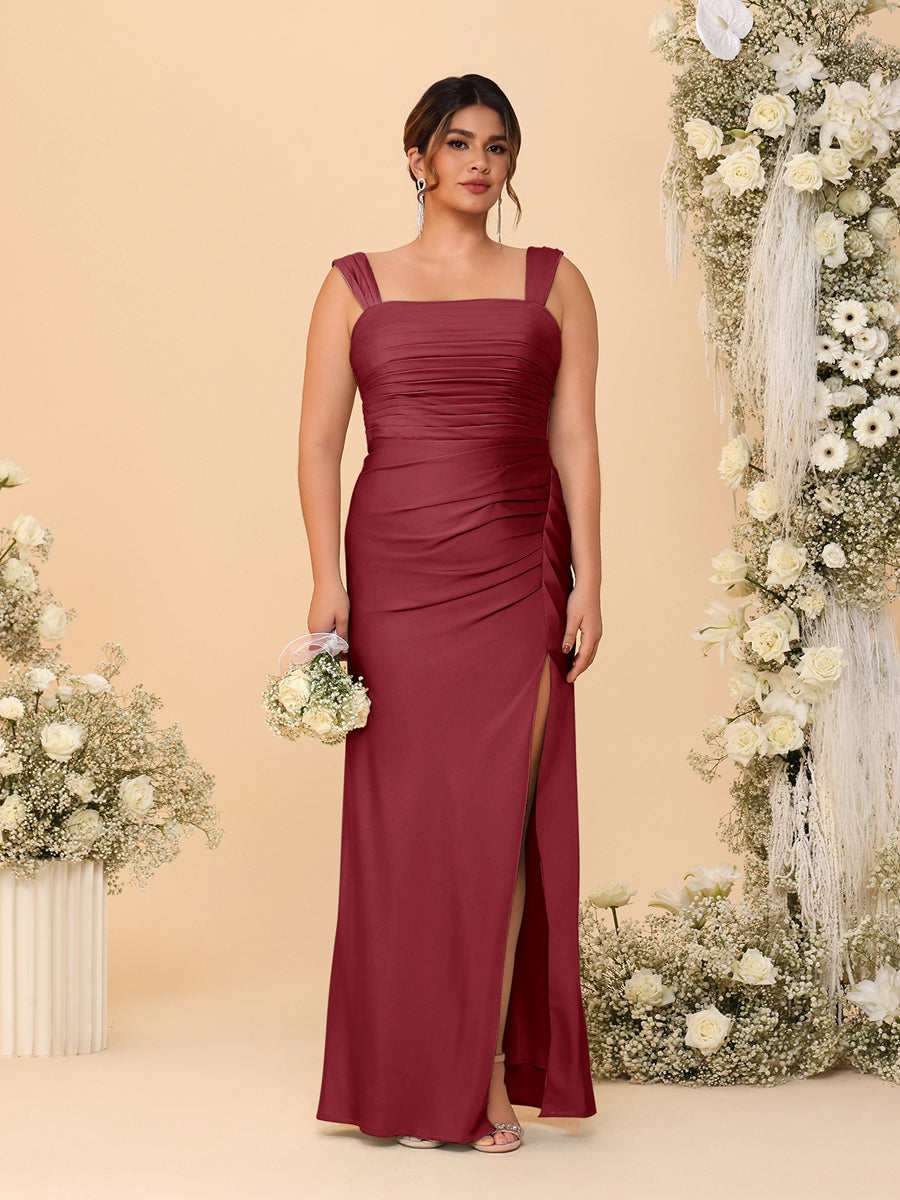 Sheath/Column Square Neck Sleeveless Floor-Length Ruched Plus Size Bridesmaid Dresses With Side Slit Light Burgundy