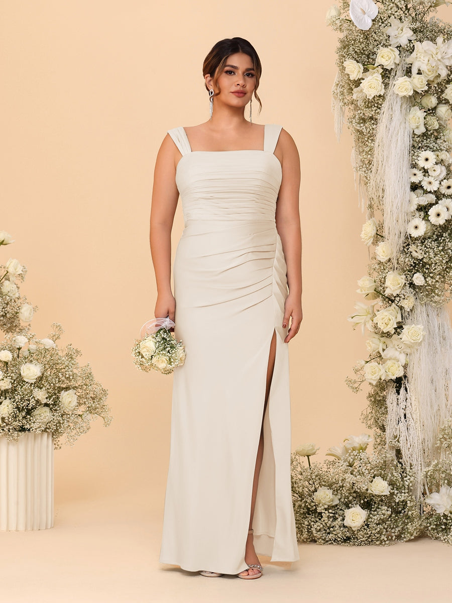 Sheath/Column Square Neck Sleeveless Floor-Length Ruched Plus Size Bridesmaid Dresses With Side Slit Light Champagne