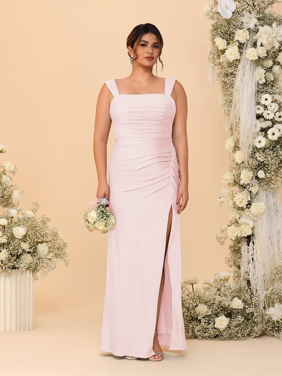 Sheath/Column Square Neck Sleeveless Floor-Length Ruched Plus Size Bridesmaid Dresses With Side Slit Light Pink