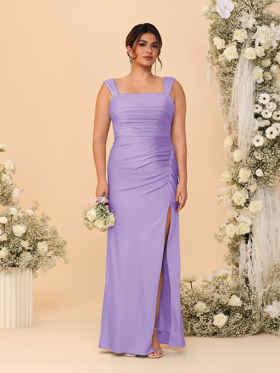 Sheath/Column Square Neck Sleeveless Floor-Length Ruched Plus Size Bridesmaid Dresses With Side Slit Light Purple