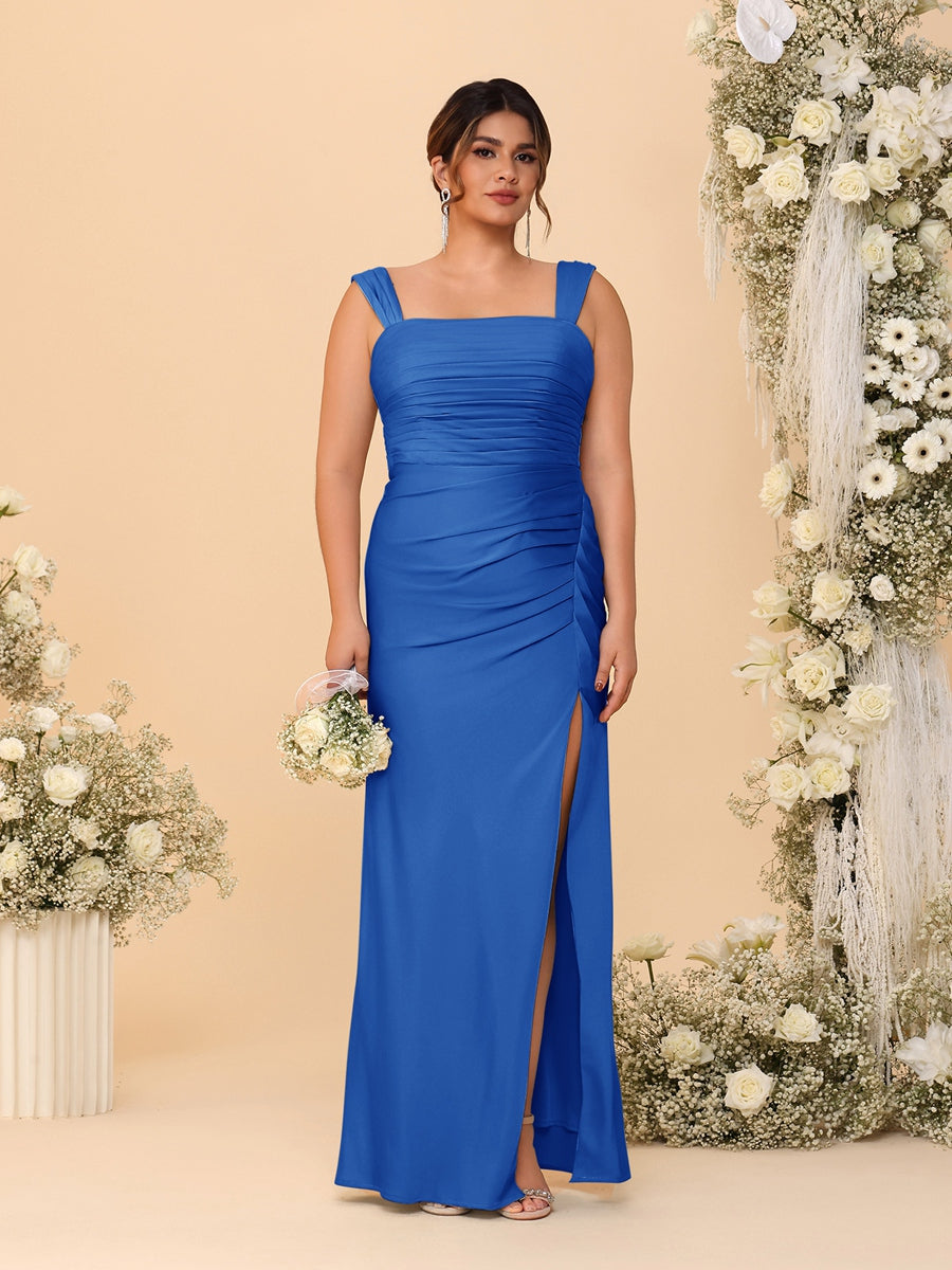 Sheath/Column Square Neck Sleeveless Floor-Length Ruched Plus Size Bridesmaid Dresses With Side Slit Light Royal Blue