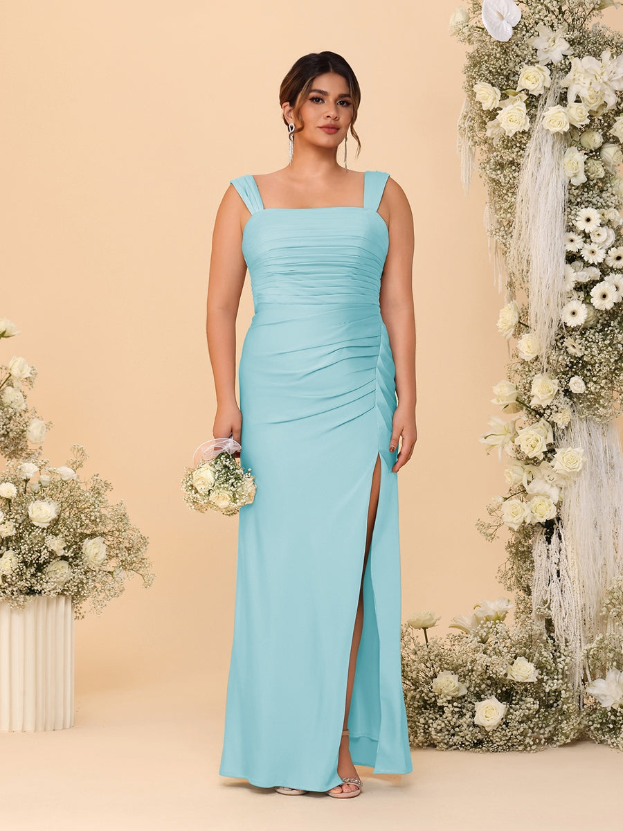 Sheath/Column Square Neck Sleeveless Floor-Length Ruched Plus Size Bridesmaid Dresses With Side Slit Light Sky Blue