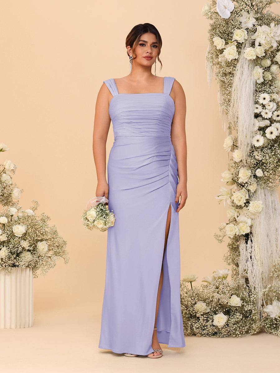 Sheath/Column Square Neck Sleeveless Floor-Length Ruched Plus Size Bridesmaid Dresses With Side Slit Lilac