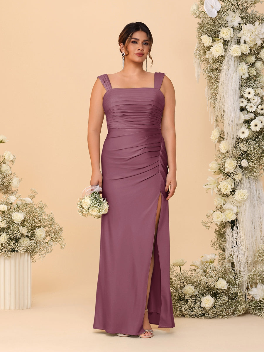 Sheath/Column Square Neck Sleeveless Floor-Length Ruched Plus Size Bridesmaid Dresses With Side Slit Mulberry