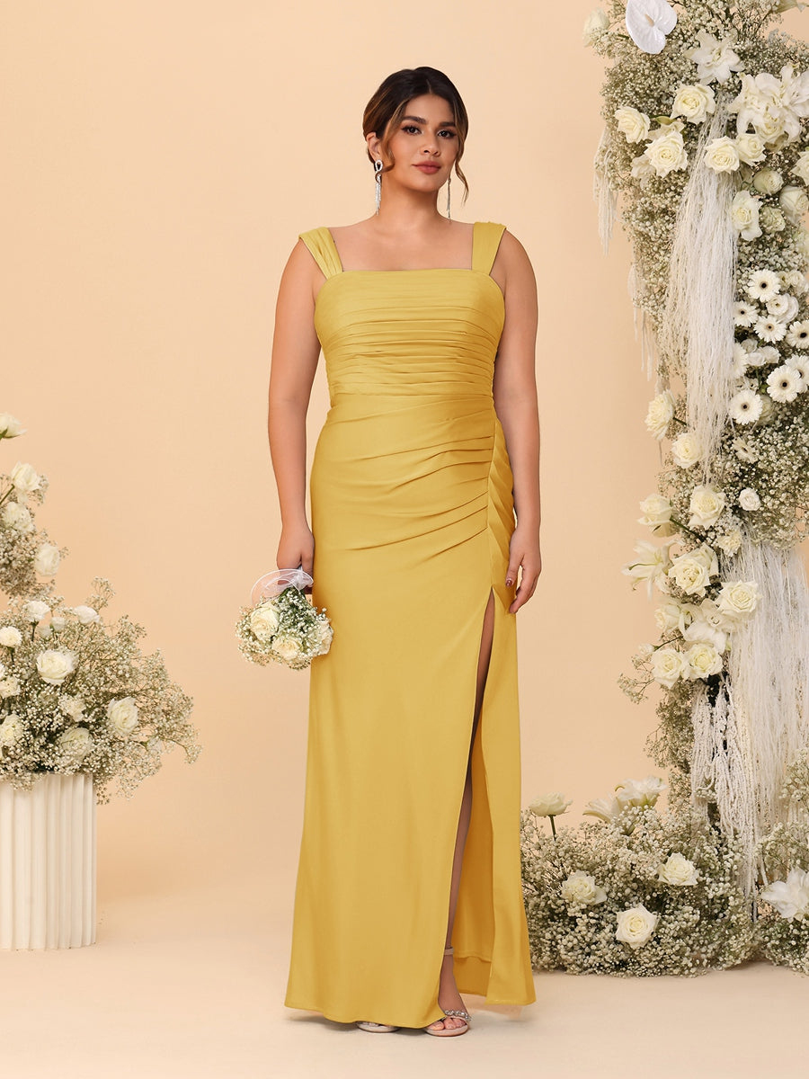 Sheath/Column Square Neck Sleeveless Floor-Length Ruched Plus Size Bridesmaid Dresses With Side Slit Mustard Yellow