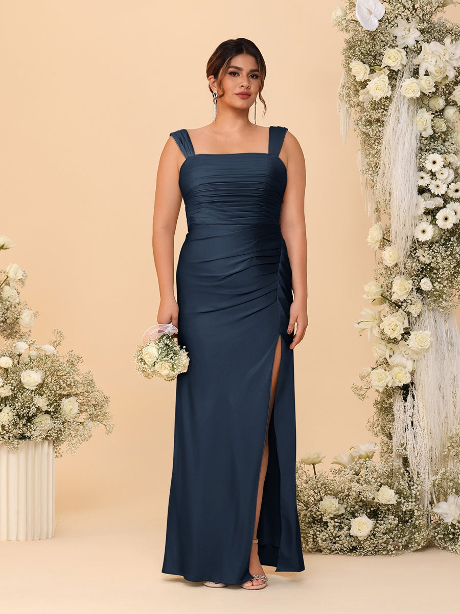 Sheath/Column Square Neck Sleeveless Floor-Length Ruched Plus Size Bridesmaid Dresses With Side Slit Navy Blue